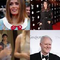 Salma Hayek looks stylish in black and white as she cosies up to Connie Britton and John Lithgow while promoting