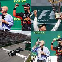 Sir Patrick Stewart takes part in podium celebrations and drinks from Daniel Ricciardo’s racing shoe